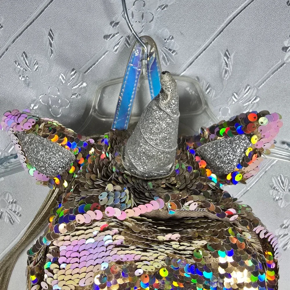 Justice Kids Unicorn Sequin Backpack I Initial, Pompom, Rainbow, Color‎ Changing